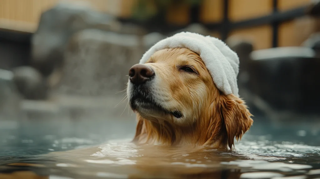 温泉に入る犬
